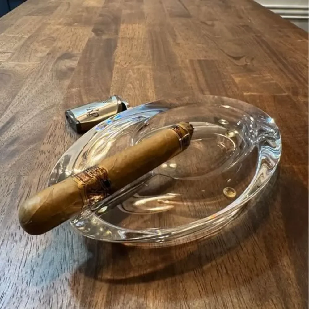 Nat Sherman Crystal Glass Cigar Ashtray – Heavy Etched Oval Ashtray